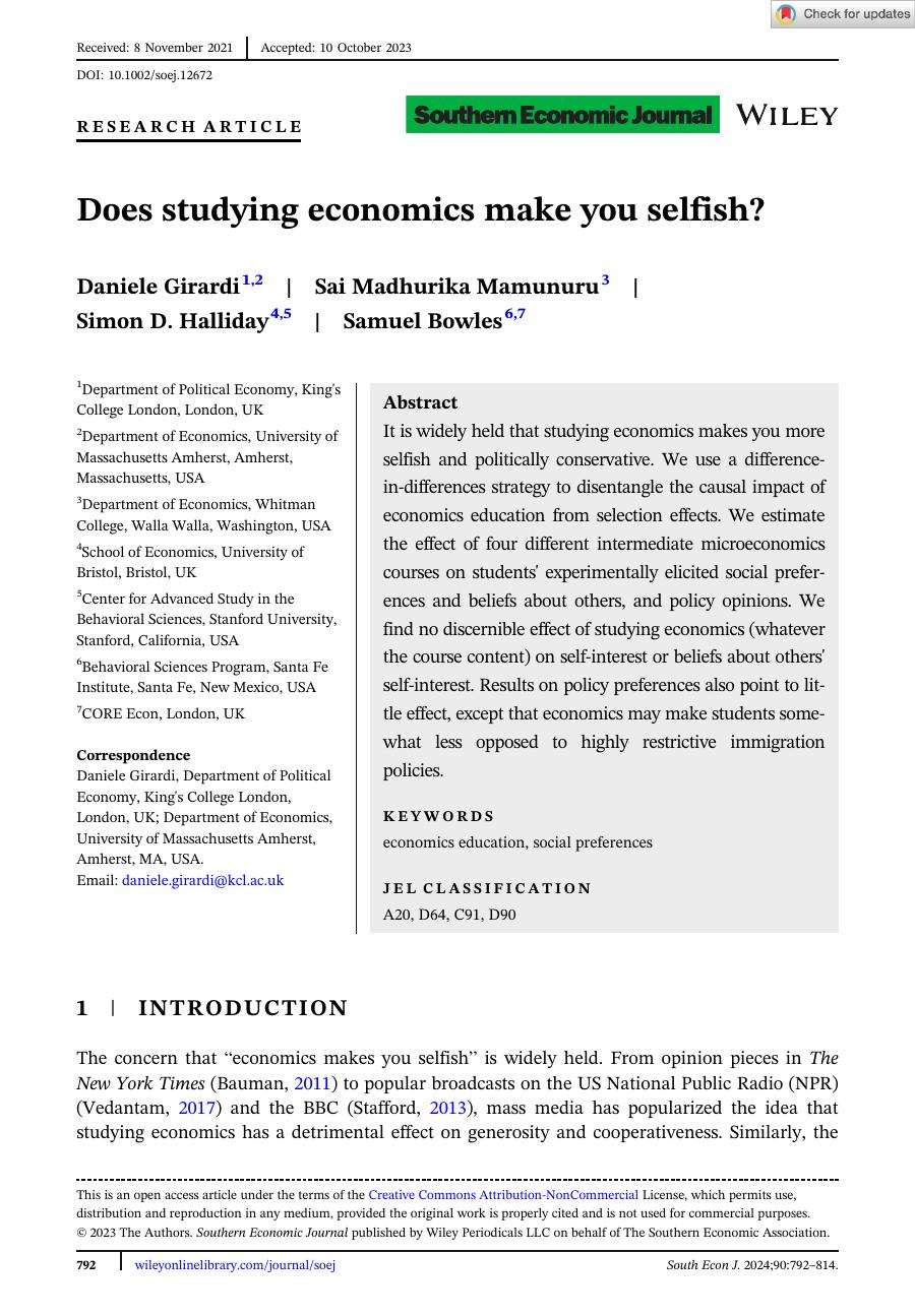 First page preview of Does studying economics make you selfish?